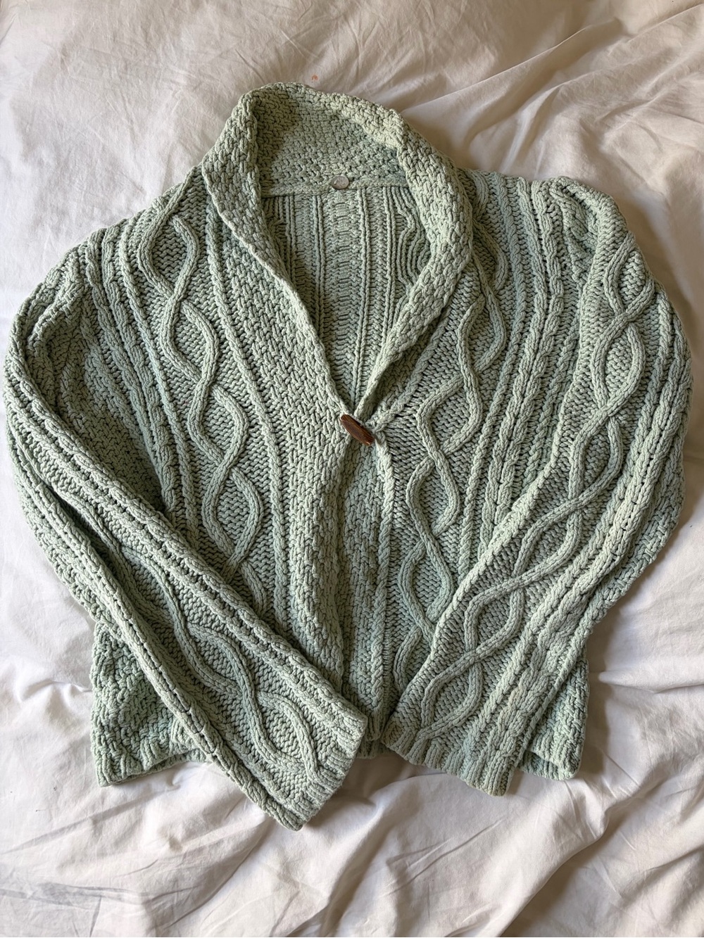 Margaret O’Leary Sage Green Cable Knit Sweater with Toggle